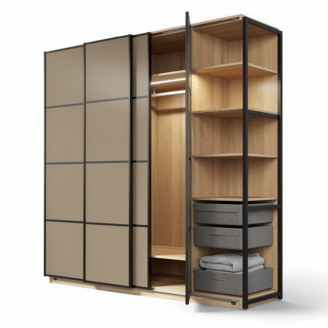 Metal Frame Wardrobe with Open Shelves and Drawers for Storage – 150 x 95 x 210cm